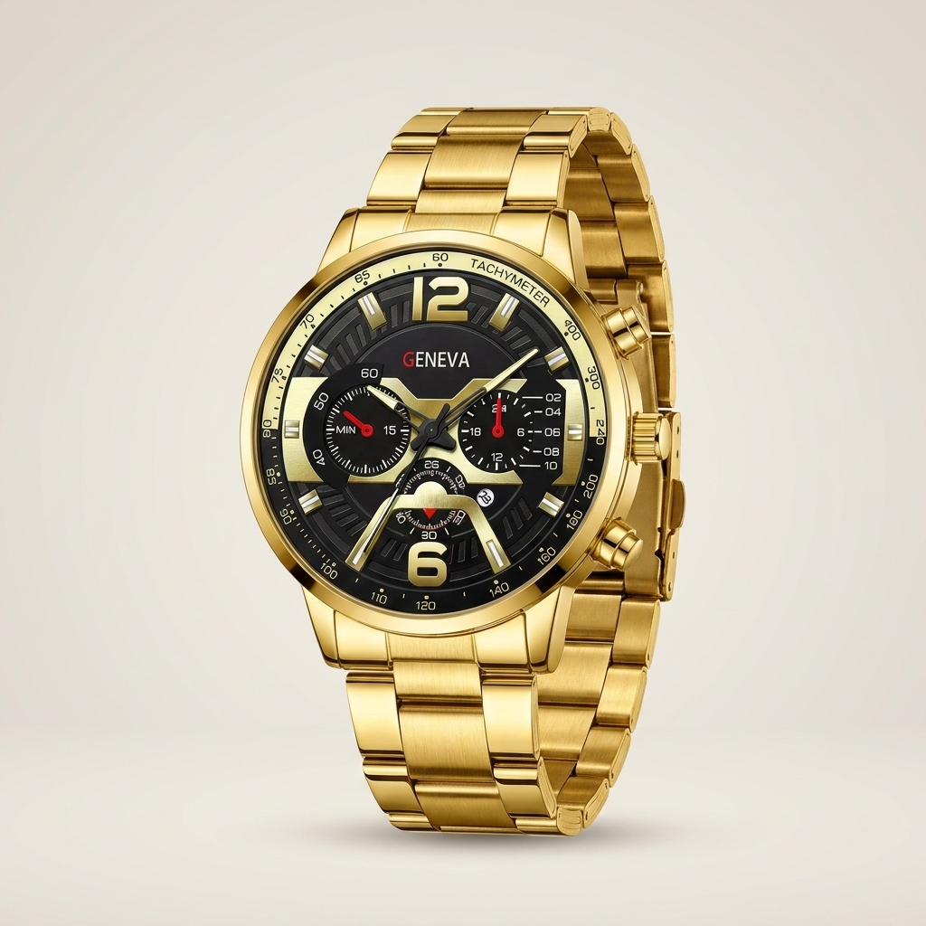 4 o'clock date gold Alloy Round Analog Digital Calendar Screw-Down Crown Steel Band Quartz Watch close-up showing calendar window and analog digital display