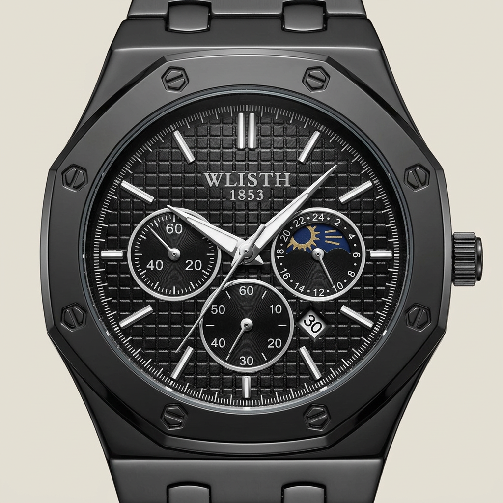 White Alloy Round Glow-in-the-Dark Quartz Waterproof Analog Calendar Watch front detail showing mineral glass with glowing hands and calendar