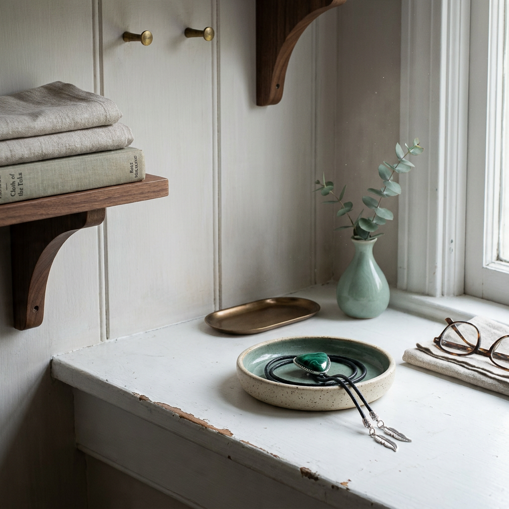 Close-up of blue alloy triangle pendant necklace on homey windowsill near dish and peg wall