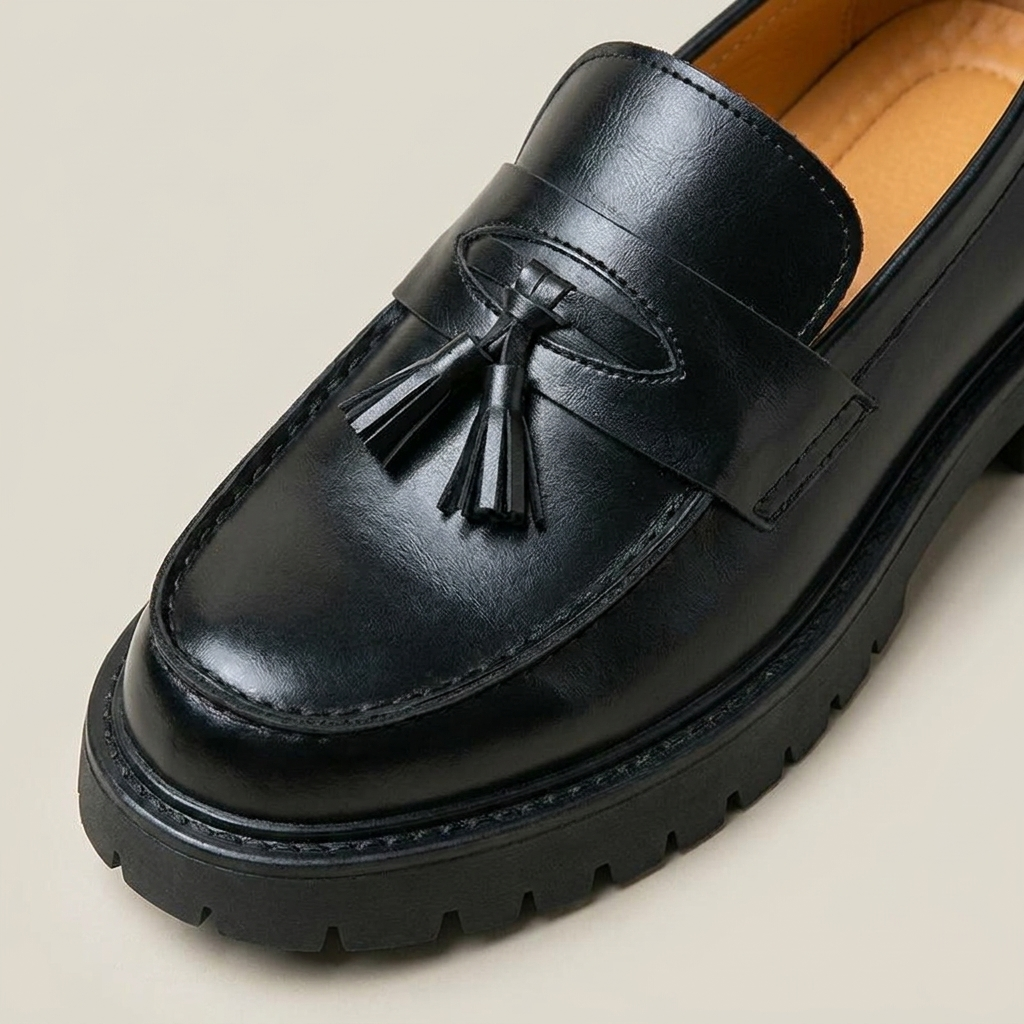 Black foam rubber low cut buckle flat heel tassel loafers placed on walnut floor near window with natural light showing animal pattern upper