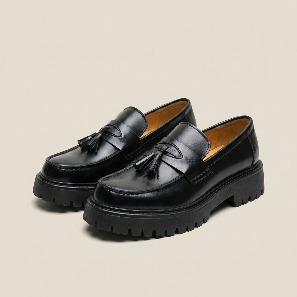 Black foam rubber low cut buckle flat heel tassel loafers shown front view with animal pattern upper black foam rubber sole and buckle fastening