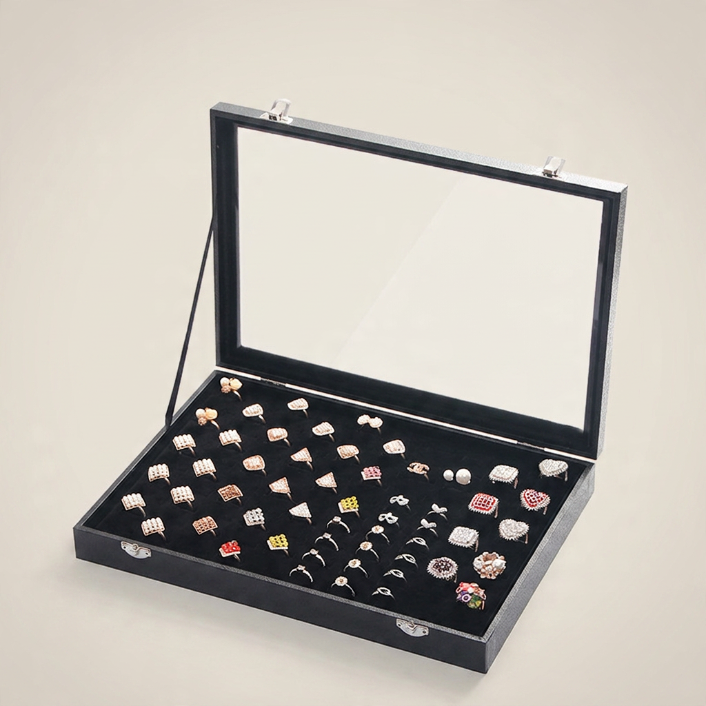 Front view of black PU leather jewelry box with metal lock clasp and transparent glass top showing velvet-lined compartments