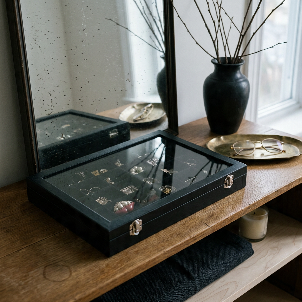 Three-quarter view of black PU leather jewelry box with metal lock clasp on console mirror in evening light emphasizing sturdy clasp and glass top