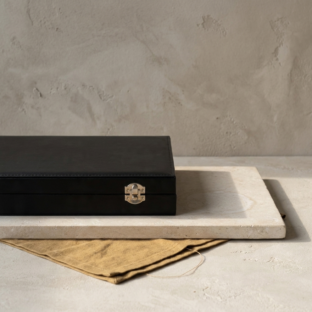 Side profile of black PU leather jewelry box with metal lock clasp placed on stone tray highlighting eco-friendly velvet interior lining