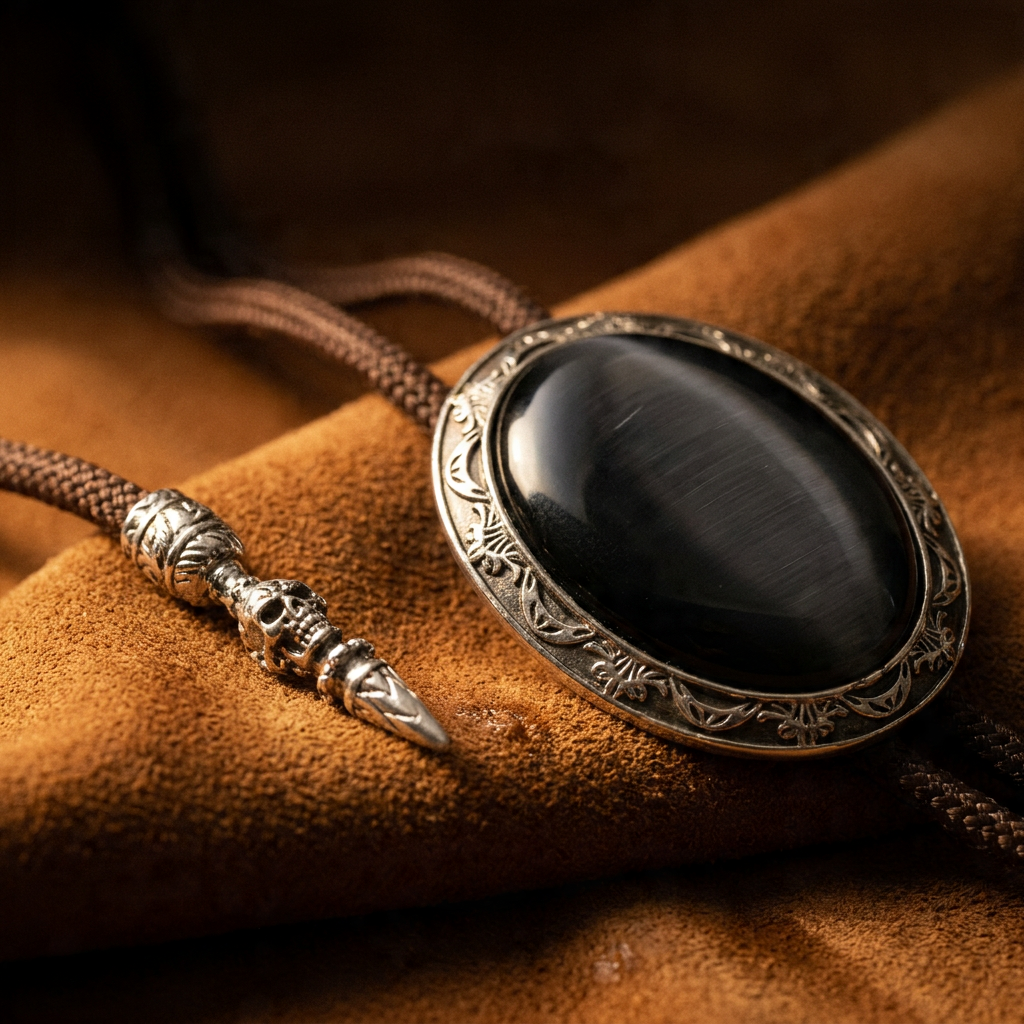 Close-up detail of blue electroplated alloy bolo tie showing crystal centerpiece and polished metal surface