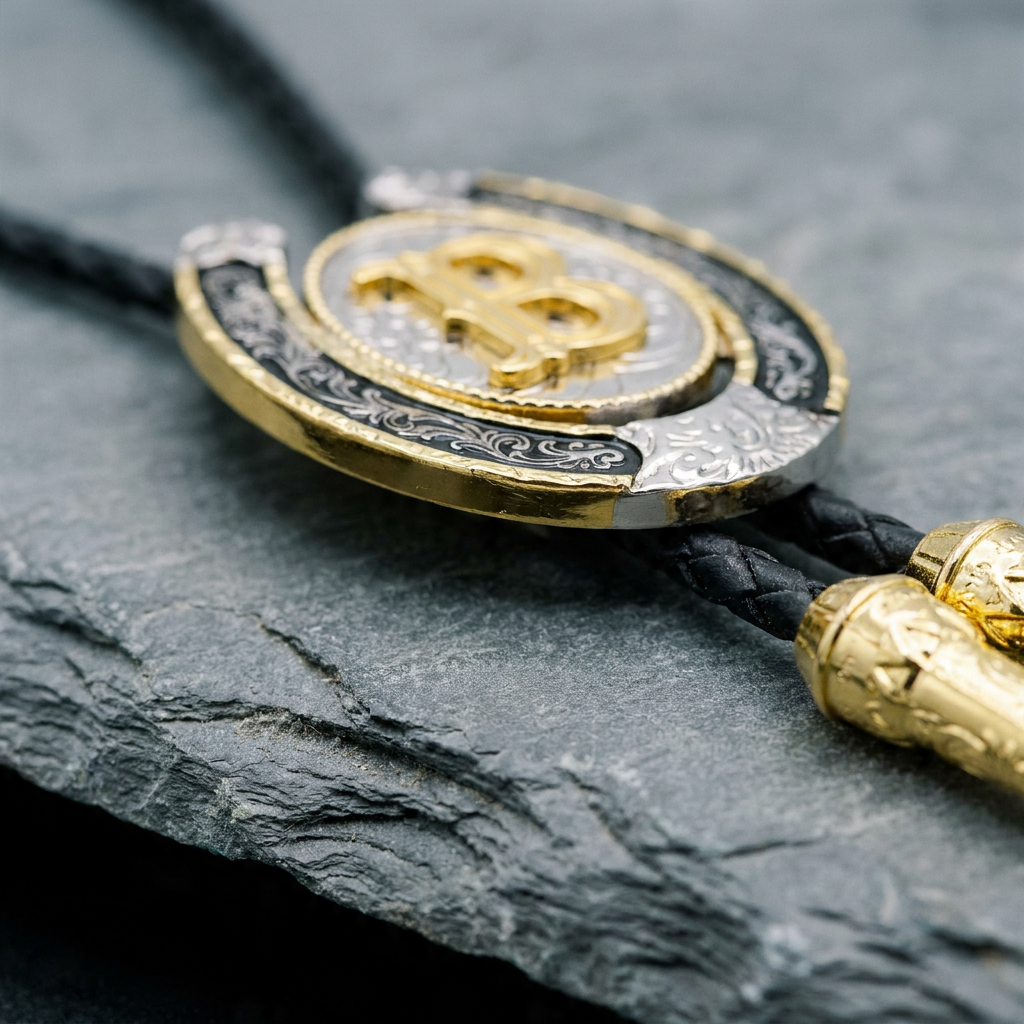 Three-quarter close-up of electroplated alloy bolo tie showing letter A centerpiece with silver finish and genuine leather cord
