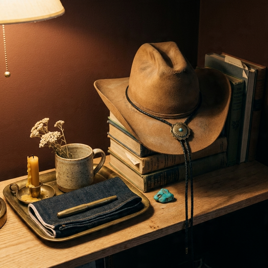 Eye-level wide lifestyle shot of polished metal checkered vintage silver feather pendant western bolo tie on library shelf in evening light