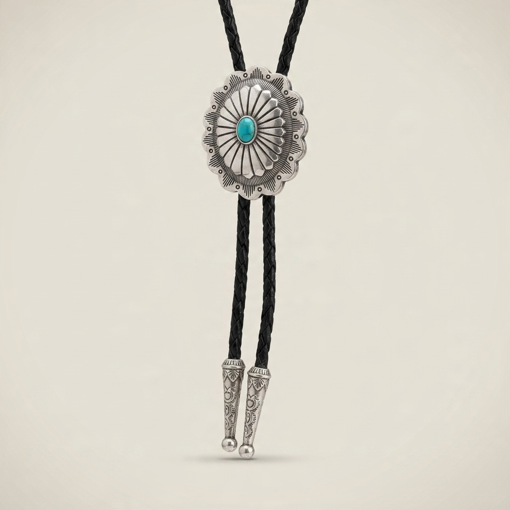 Polished metal checkered vintage silver feather pendant western bolo tie shown front view with detailed clasp and pendant