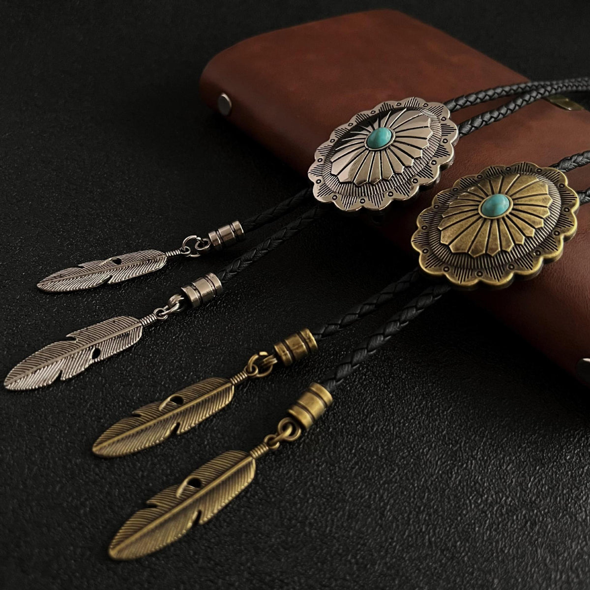 Side profile of polished metal checkered vintage silver feather pendant western bolo tie highlighting feather pendant and cord length