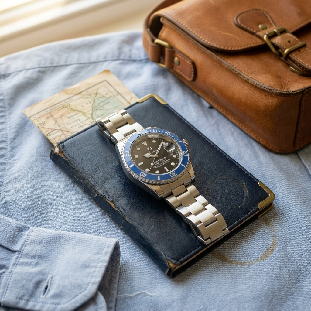 Ambient room lifestyle shot of silver stainless steel round analog digital quartz wrist watch with orange dial near passport and travel items