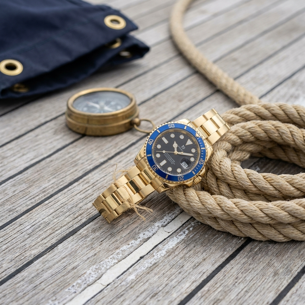Three-quarter lifestyle shot of gold stainless steel round analog digital quartz wrist watch with green dial on teak deck with brass compass