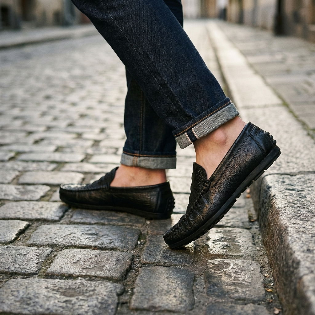 Charcoal suede loafer shoe lifestyle scene worn on cobblestone outdoors showing casual style