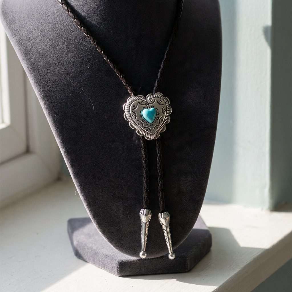 Turquoise heart pendant necklace with braided black leather shown three-quarter angle on neckform near window