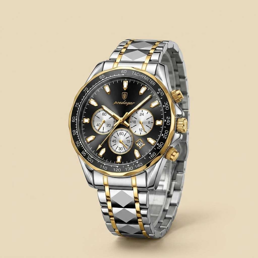 Two-tone alloy round luminous quartz chronograph sports watch top-down view with silver case, green dial and chronograph subdials detail