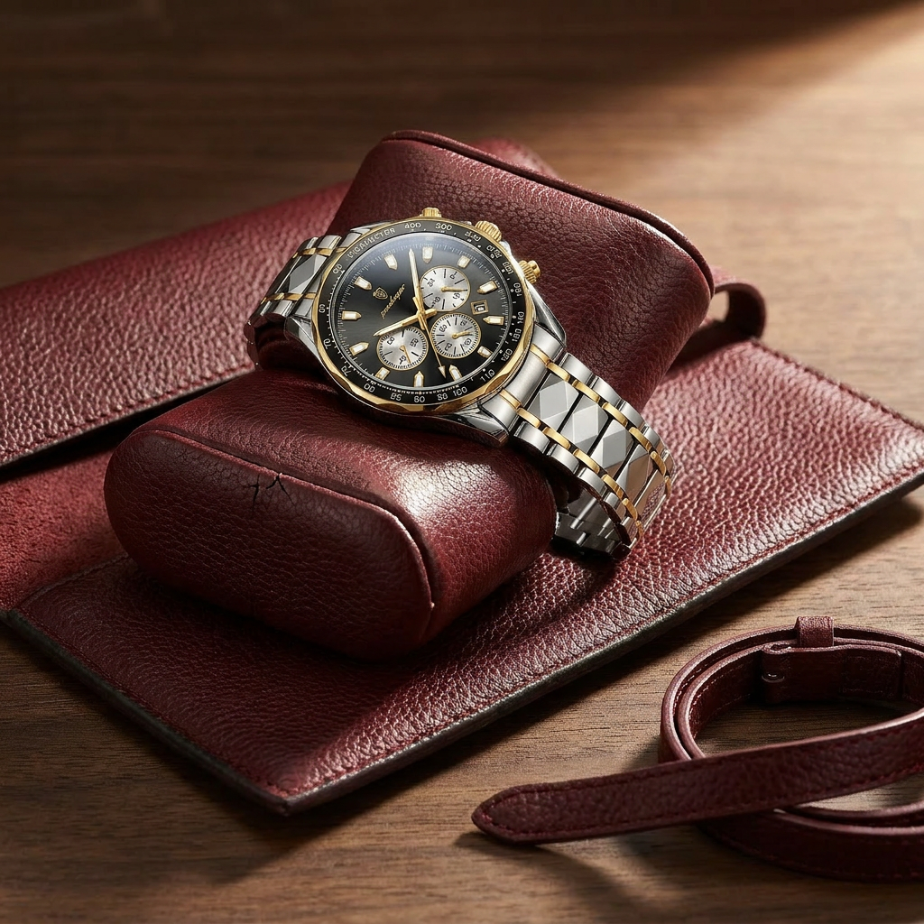 Two-tone alloy round luminous quartz chronograph sports watch top-down view with white dial and moon phase display on library armchair arm
