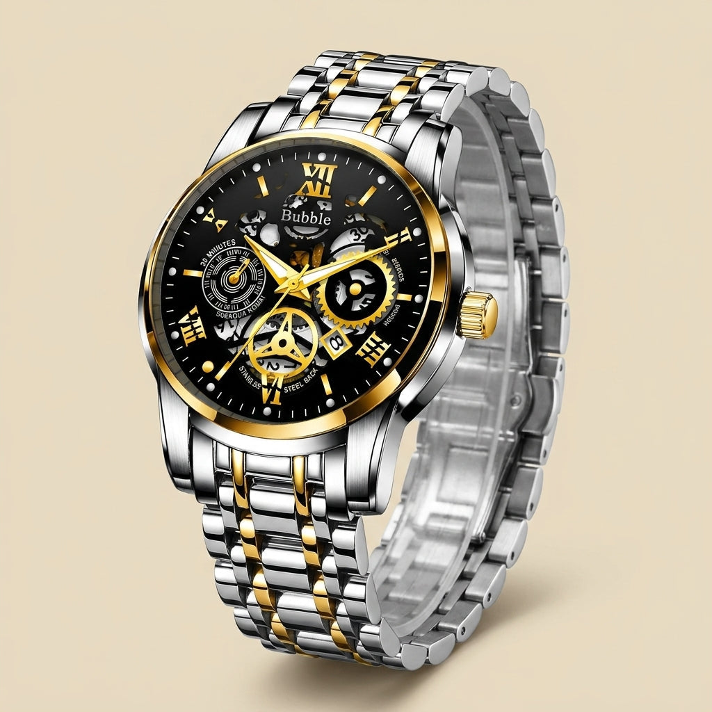 Two-tone gold stainless steel round skeleton quartz wristwatch shown front view with polished case and luminous hands