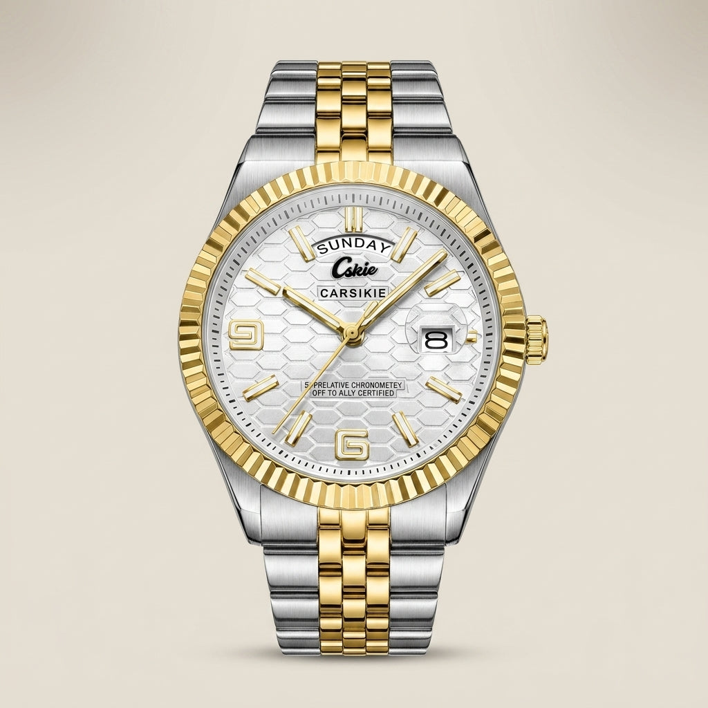 Two-tone stainless steel men’s watch with white dial showing brushed and polished bracelet front view lit