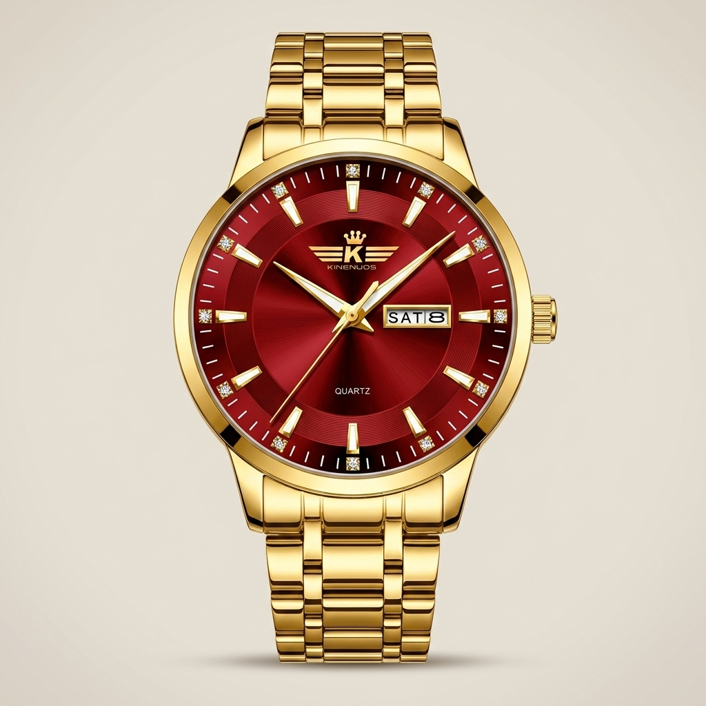 Side profile of full gold bracelet men's quartz watch with white dial and analog three-hand display
