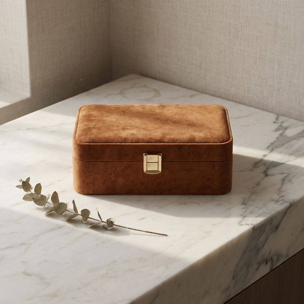 Velvet Floral Orange jewelry storage box at three-quarter angle on minimalist vanity with marble surface