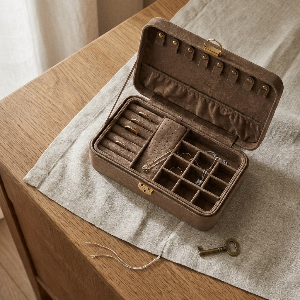 Velvet Floral Orange jewelry storage box shown top-down flat lay on minimalist linen tray