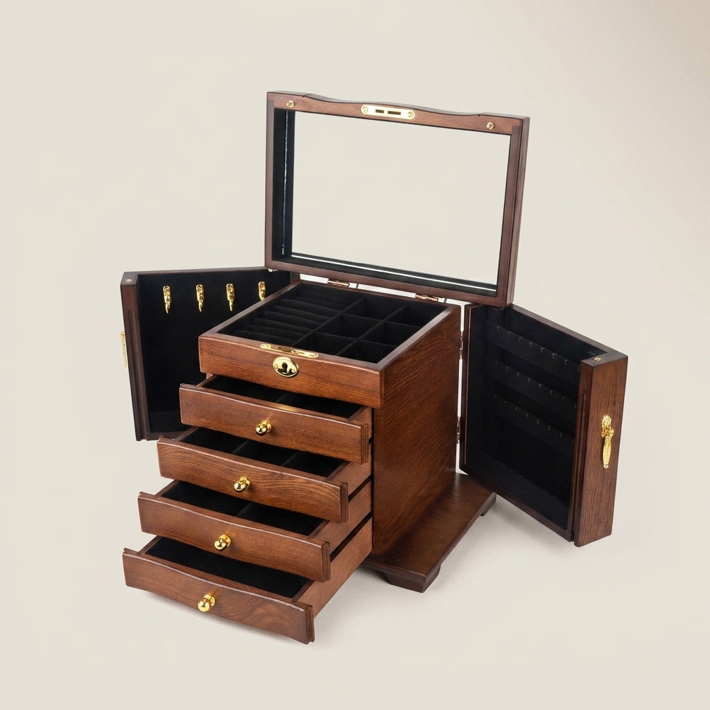 Side profile of vintage solid wood jewelry box in antique style with brown velvet lining highlighting brass hardware detail