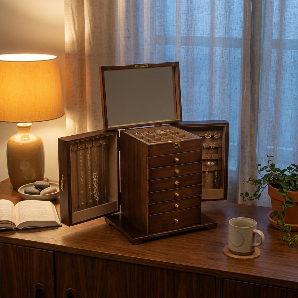 Vintage solid wood 7-layer jewelry box at three-quarter angle on living room sideboard at dusk with soft velvet lining visible