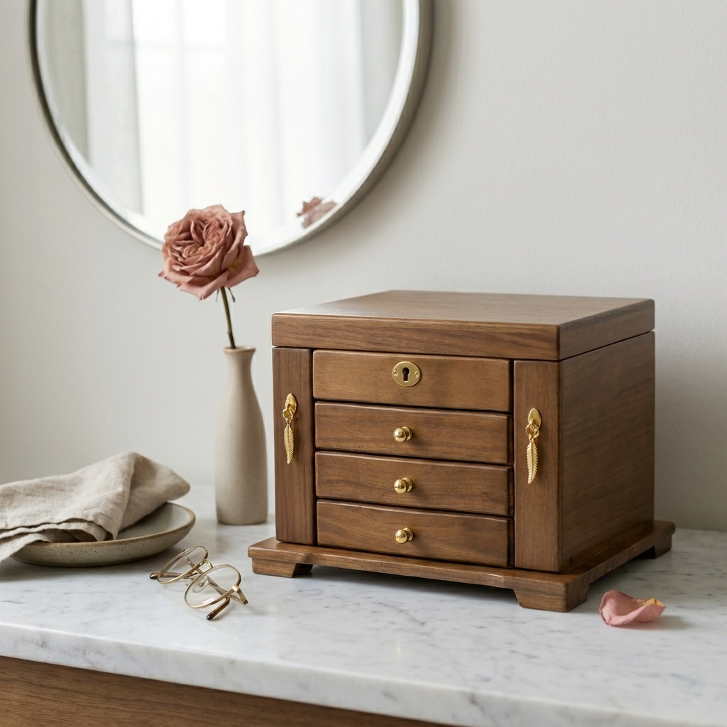 Front view of closed vintage solid wood rectangular jewelry box deluxe antique style with brown lining styled as gift box
