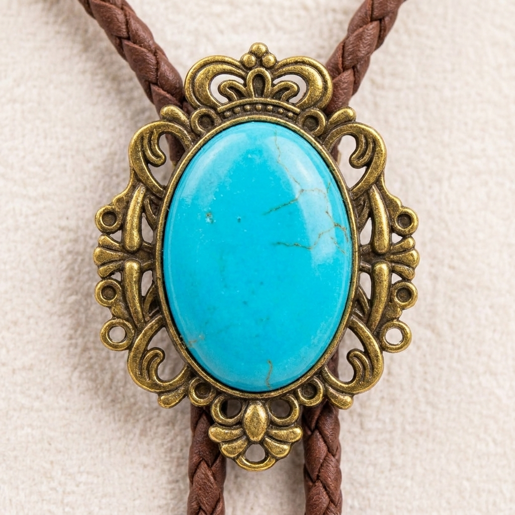 Front view of vintage Western bolo tie with amber oval cabochon stone and aged brass pendant on black rope chain
