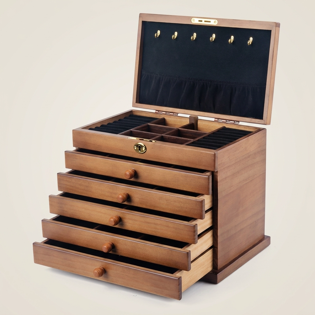 Vintage Solid Wood Glossy 6-Layer Full Lock Jewelry Box
