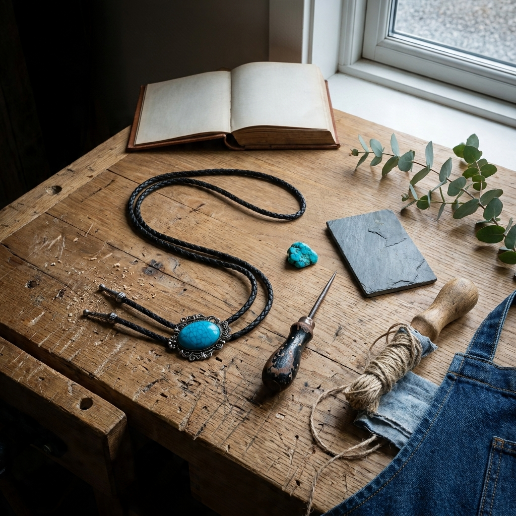 Lifestyle scene — Vintage Zinc Alloy Geometric Hand-Woven Adjustable Chain Bolo Tie Necklace