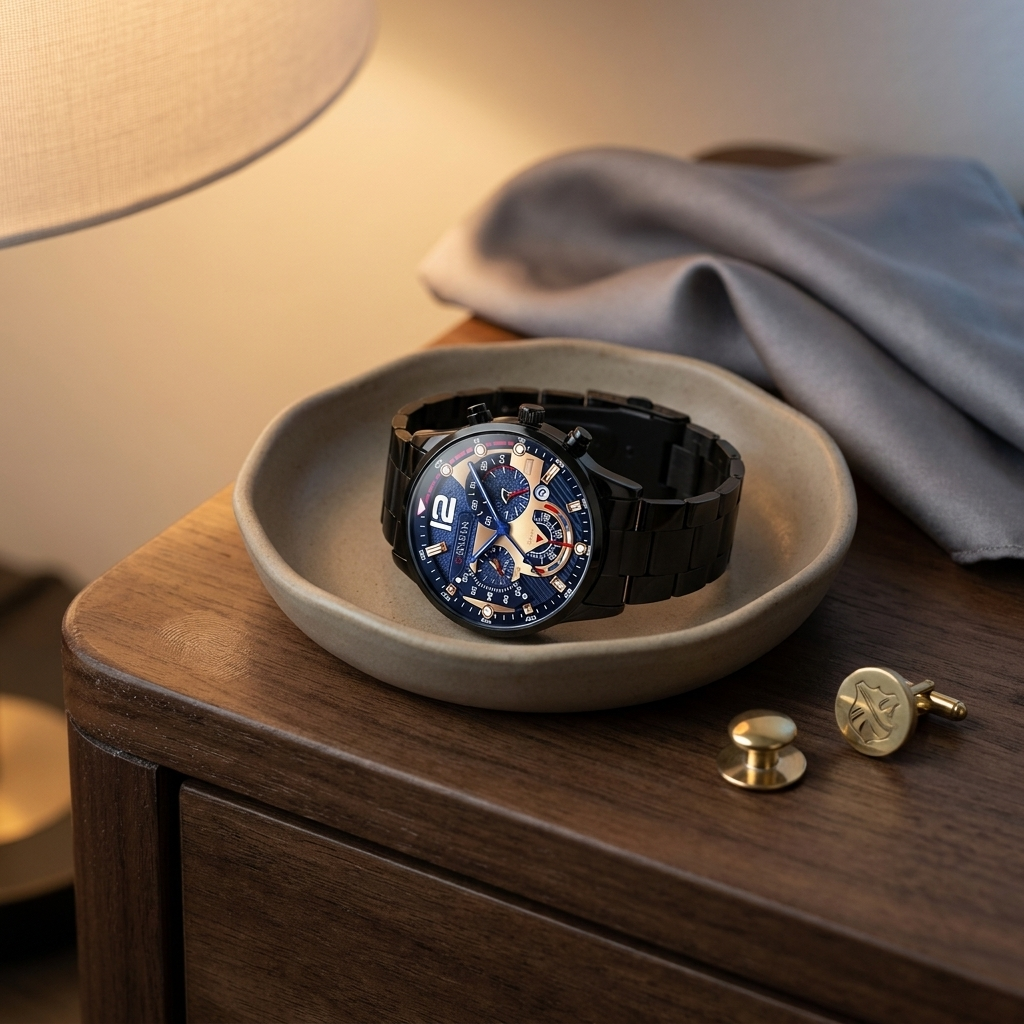 Close-up of gold Alloy Round Luminous Hands Calendar Quartz Metal Strap Casual Men's Watch lit on bedside ceramic catch dish