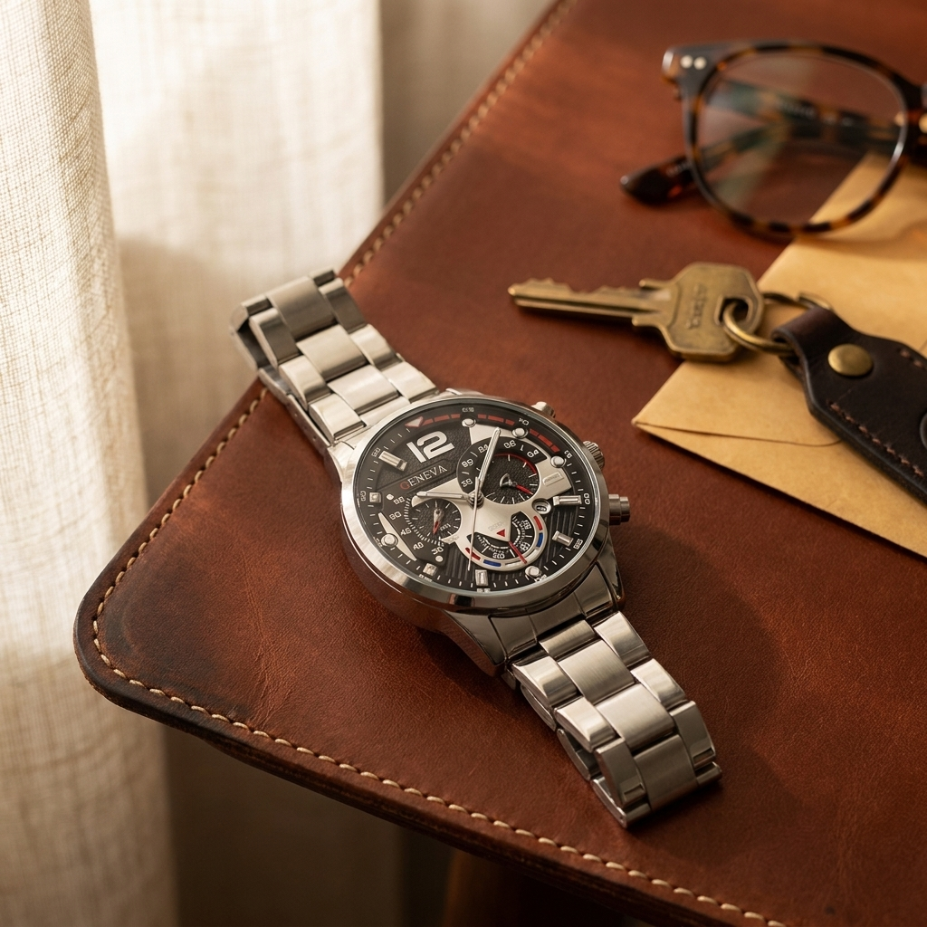Gold Alloy Round Luminous Hands Calendar Quartz Metal Strap Casual Men's Watch side profile lit beside saddle leather desk mat