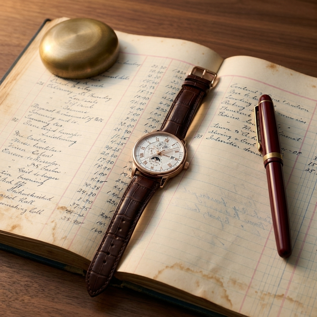 Three-quarter angle lit view of alloy round quartz calendar moon-phase watch with brown faux leather strap and rose gold case on business desk