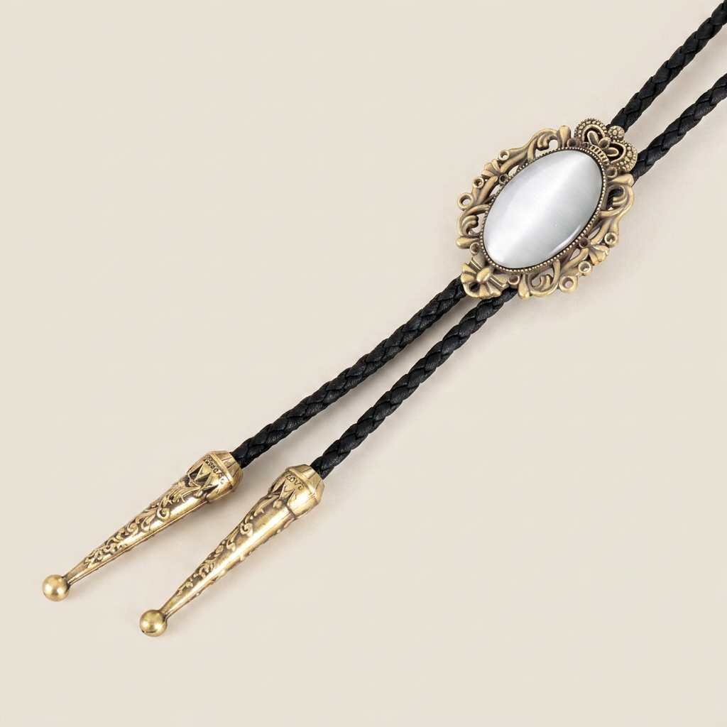 Antique bronze metal crown bolo tie necklace front view with white cat eye stone and antique bronze finish
