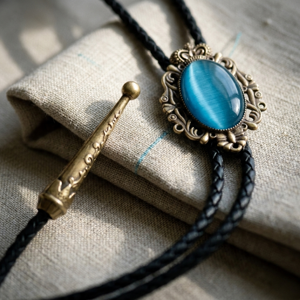 Side profile of bolo tie necklace showing royal blue cat eye stone and antique bronze metal crown detail