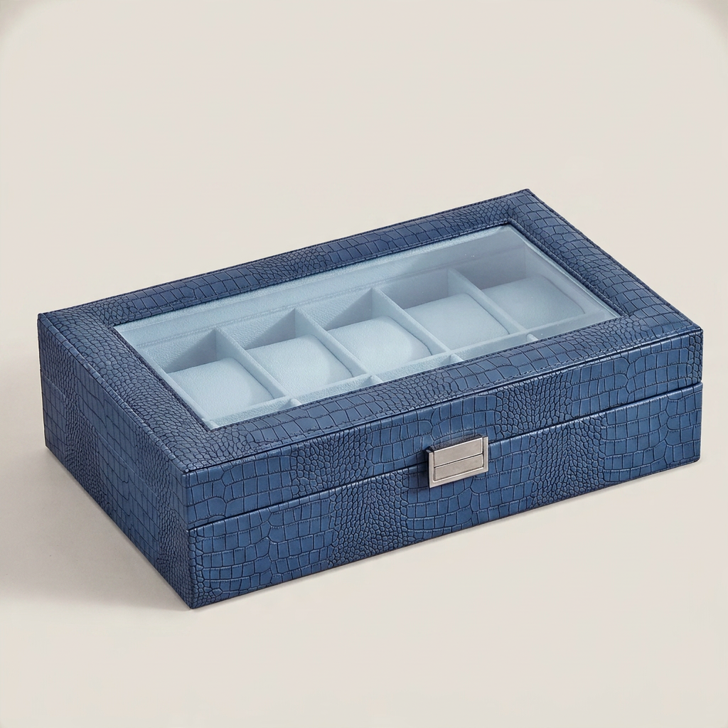 Close-up of metal clasp and black PU leather texture on six-position single-layer watch storage box