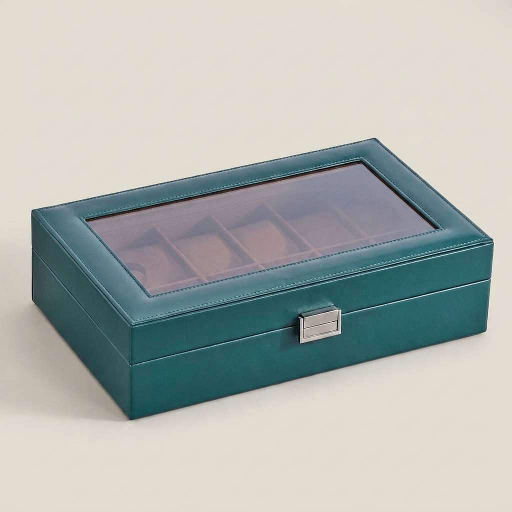 Close-up front detail of black PU leather six-position watch box showing metal clasp and leather texture