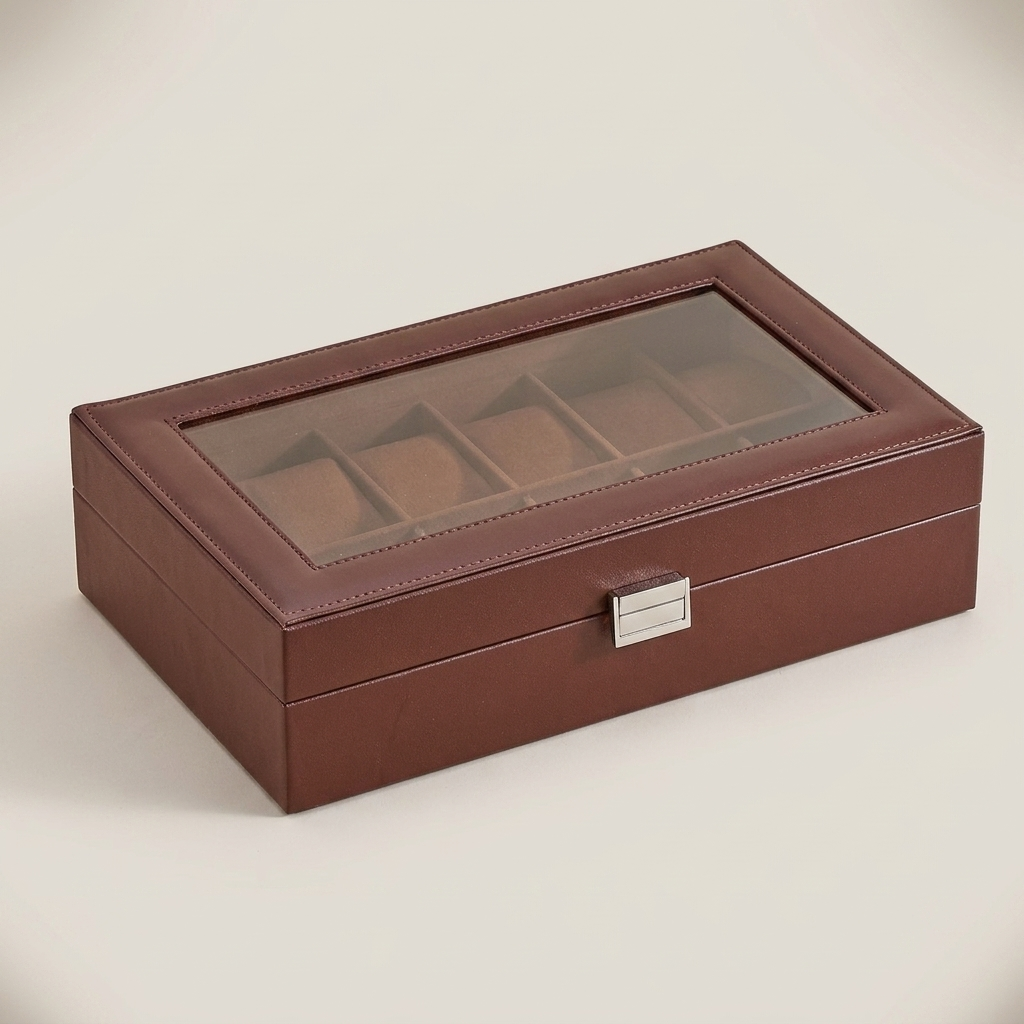 Side profile of black PU leather six-position watch box with metal clasp and closed lid