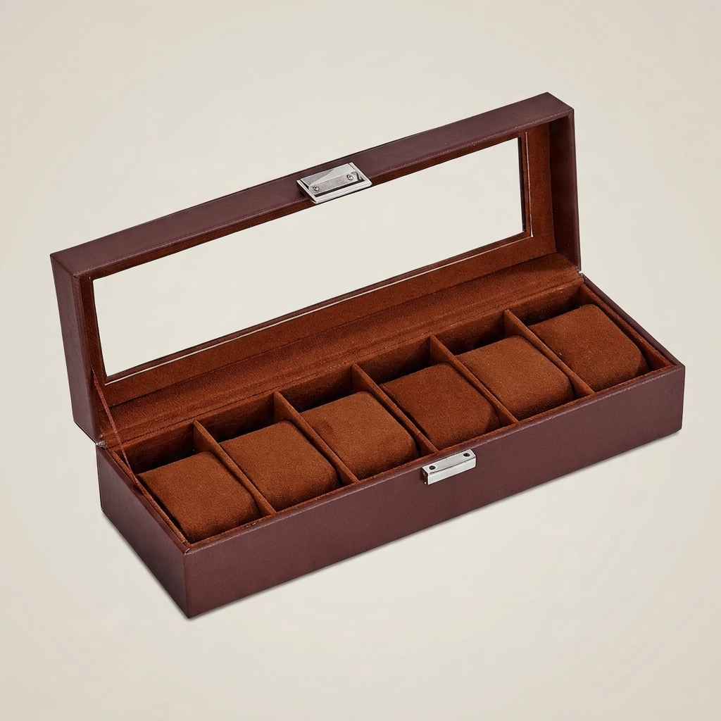 Side profile of black PU leather six-position watch box showing metal clasp and leather texture