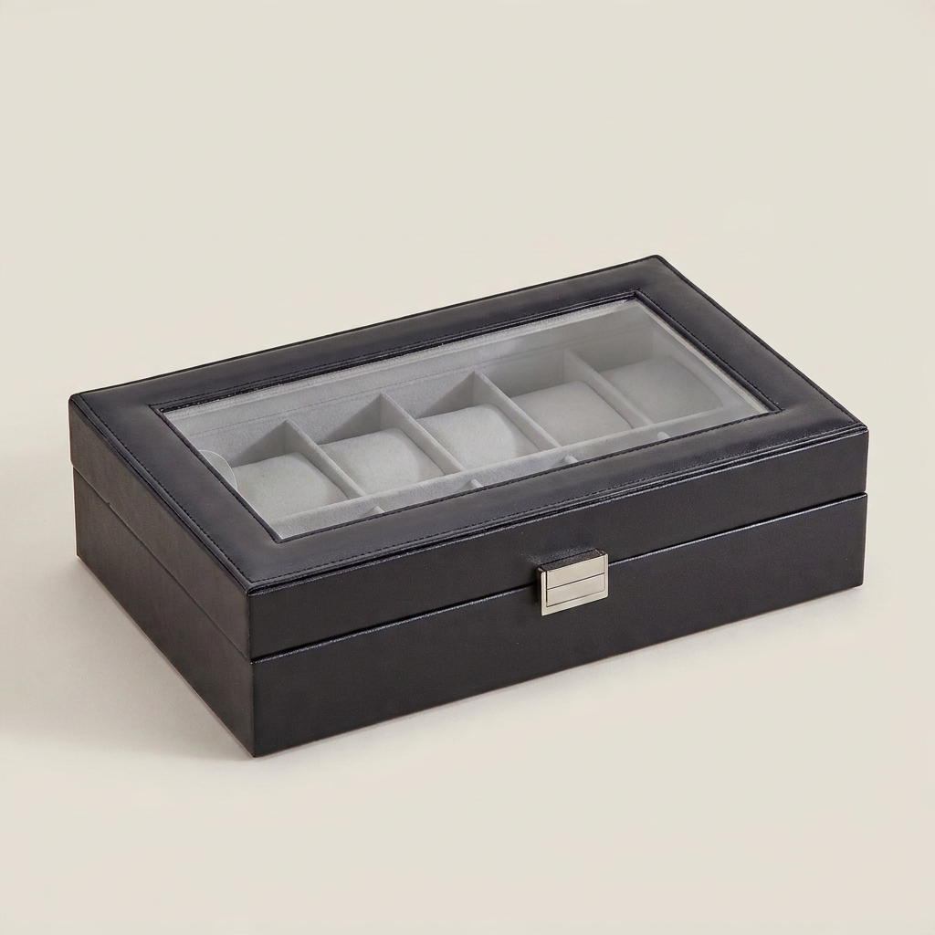Three-quarter angle of black PU leather six-position watch box with lid open revealing gray fabric compartments