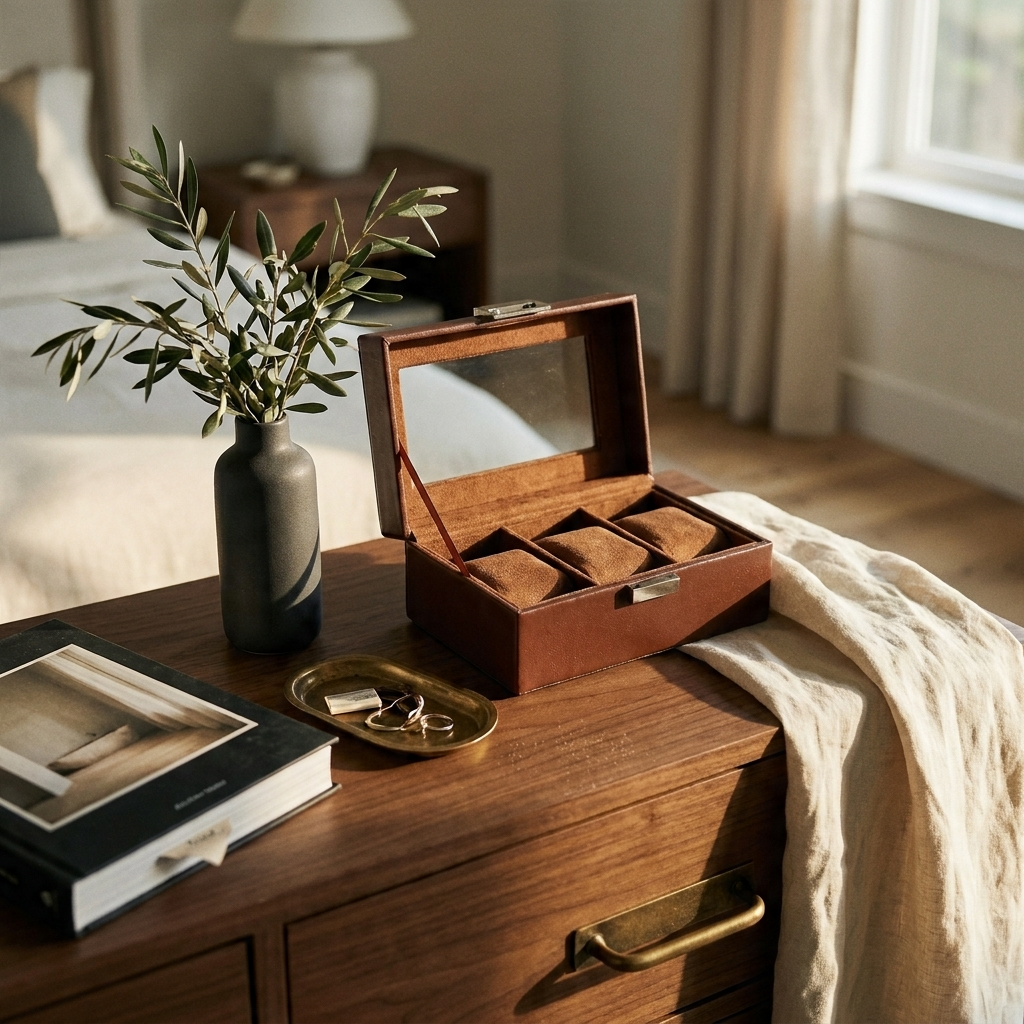 Top-down flat lay of black PU leather six-position watch storage box showing gray fabric compartments and hinged lid