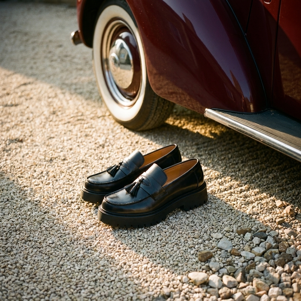 Side profile of brown foam rubber low cut buckle tassel loafers showing animal pattern upper foam rubber sole and low collar design