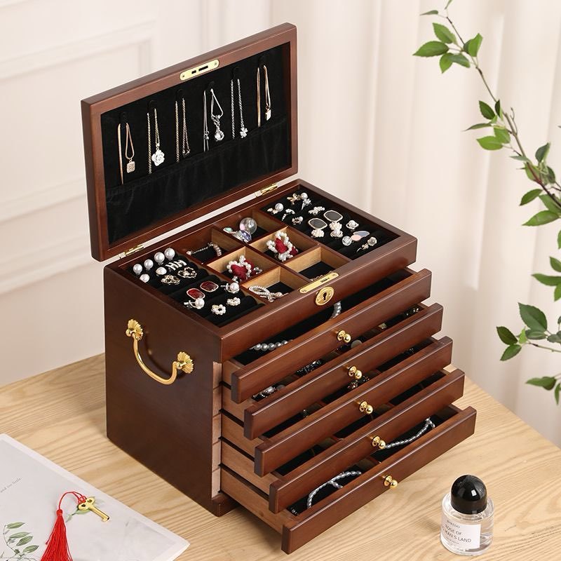 Walnut Wood Rectangular Chinese Retro Lockable Jewelry Box with Velvet Interior