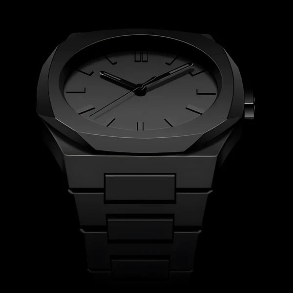 Phantom Series Black Leather Wallet with Matte Finish. This image displays a close-up angled view of a black minimalist watch with a matte finish and a metal strap, presented on a black background.