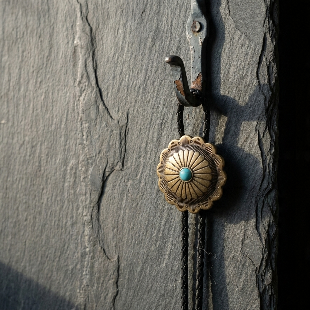 Side profile lifestyle shot of polished metal checkered vintage silver feather pendant western bolo tie on slate shelf