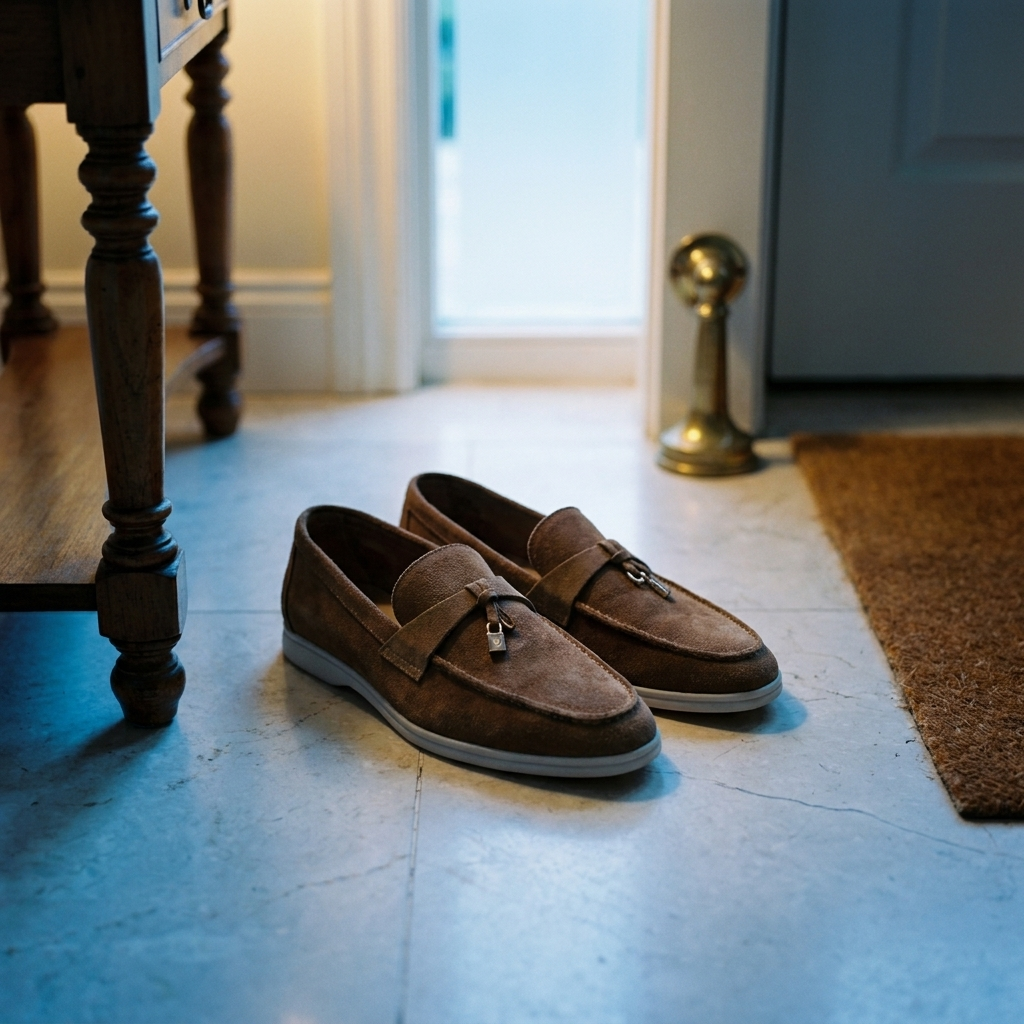 Military green matte sheepskin suede loafer front view in marble entryway lifestyle scene showing round toe