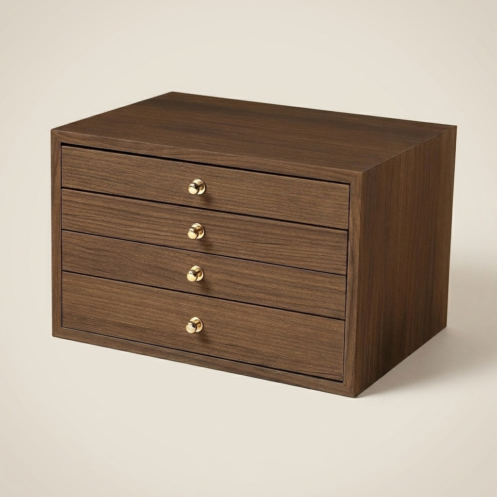 Solid walnut striped four-drawer jewelry box on walnut vanity in ambient room lighting with brass knobs visible