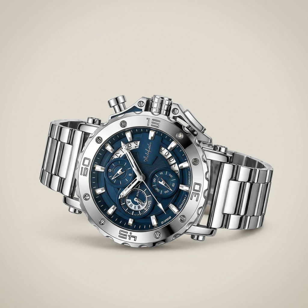 Stainless steel round luminous quartz men's watch front view with steel blue dial and mineral reinforced glass crystal
