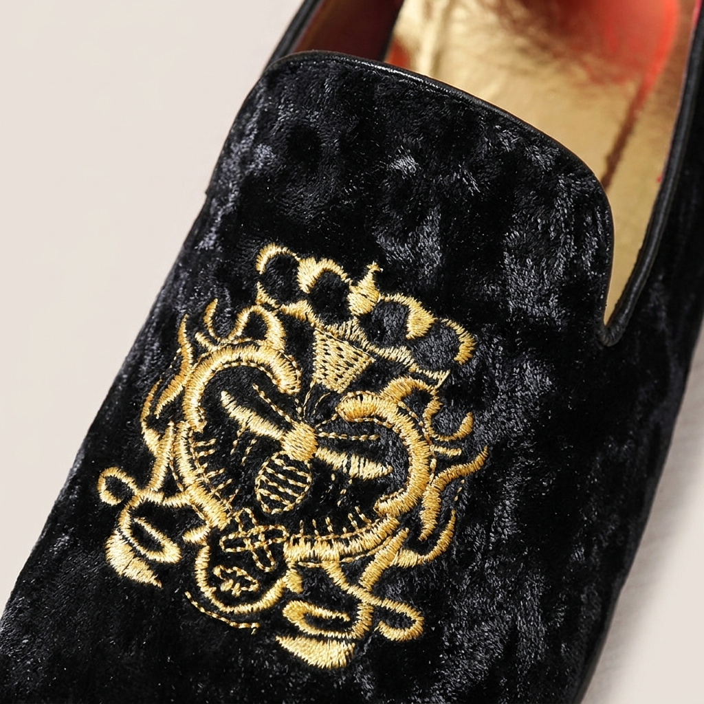 Side profile of black T002 model suede loafers highlighting embroidered totem and round toe shape