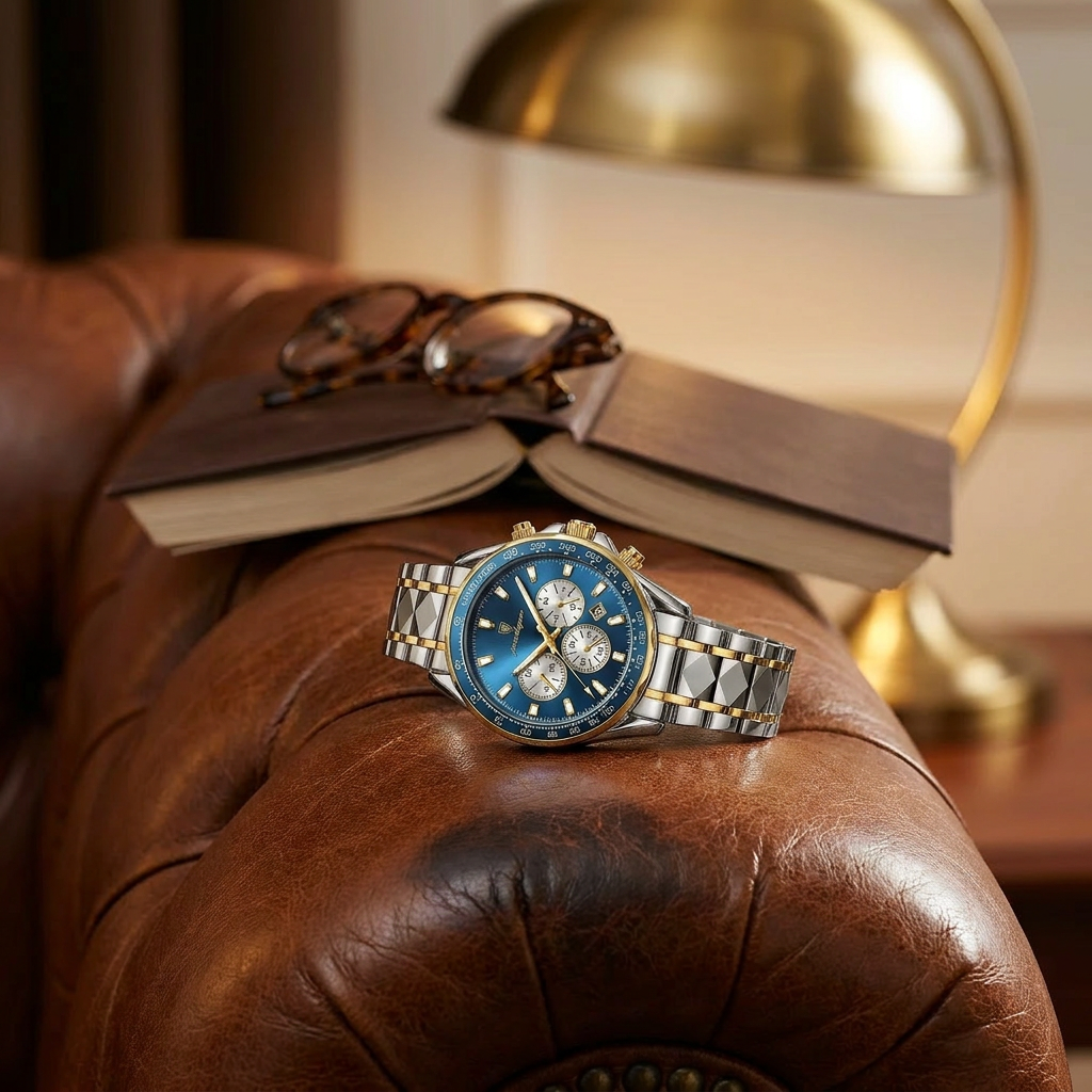 Two-tone alloy round luminous quartz chronograph sports watch detail shot showing blue dial and chronograph subdials on brass workbench